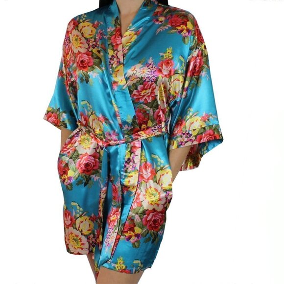 Floral Satin Robe Blue Pink Pockets Short Medium - Picture 6 of 6